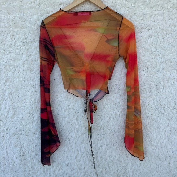 Jaded London Mesh Tie Front Long Sleeve Crop Top Festival Burnout Print Orange - Picture 2 of 5